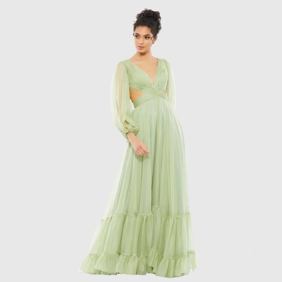 Mac Duggal 67948 NWT Green Pleated Cut Out Long Sleeve Lace Up Tiered Gown - Picture 2 of 11